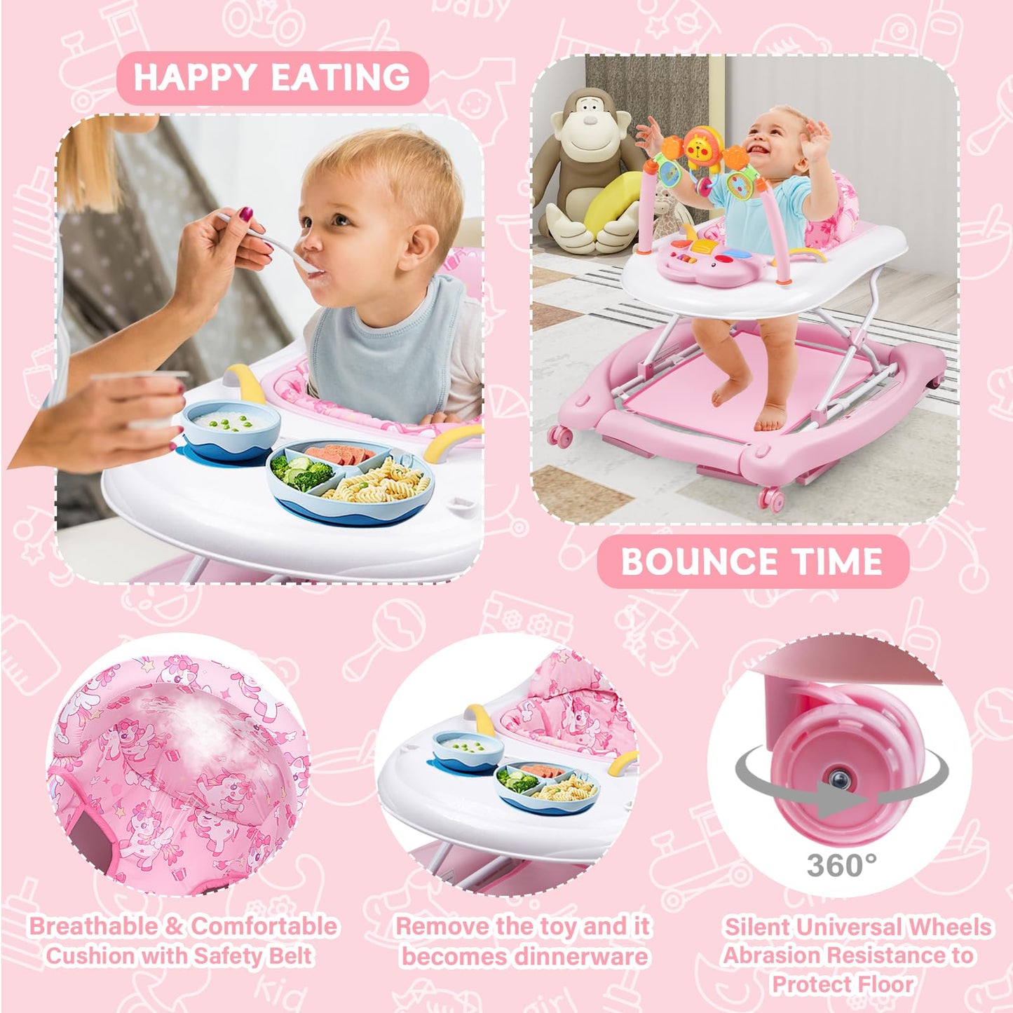 Infant walker with bouncer mode and soft seat