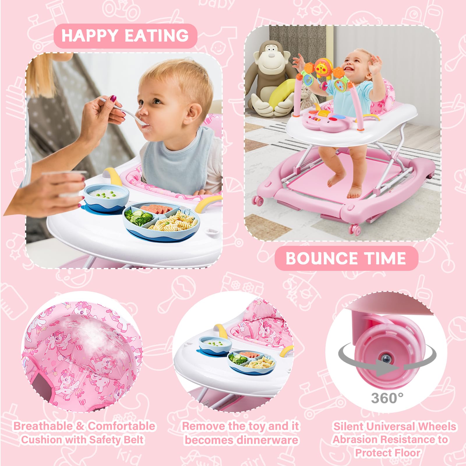 Infant walker with bouncer mode and soft seat