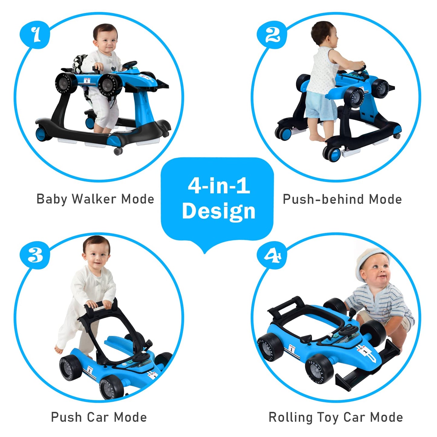 Baby Joy 4-in-1 baby walker showing interactive steering wheel tray