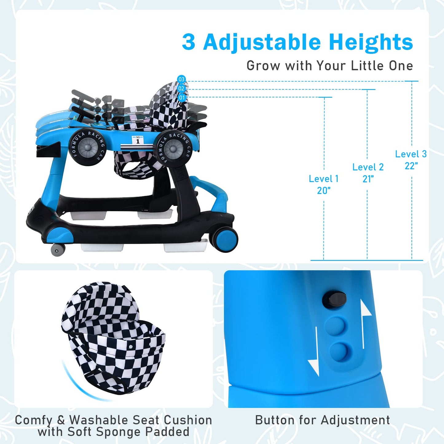 Baby Joy activity walker with adjustable height settings shown