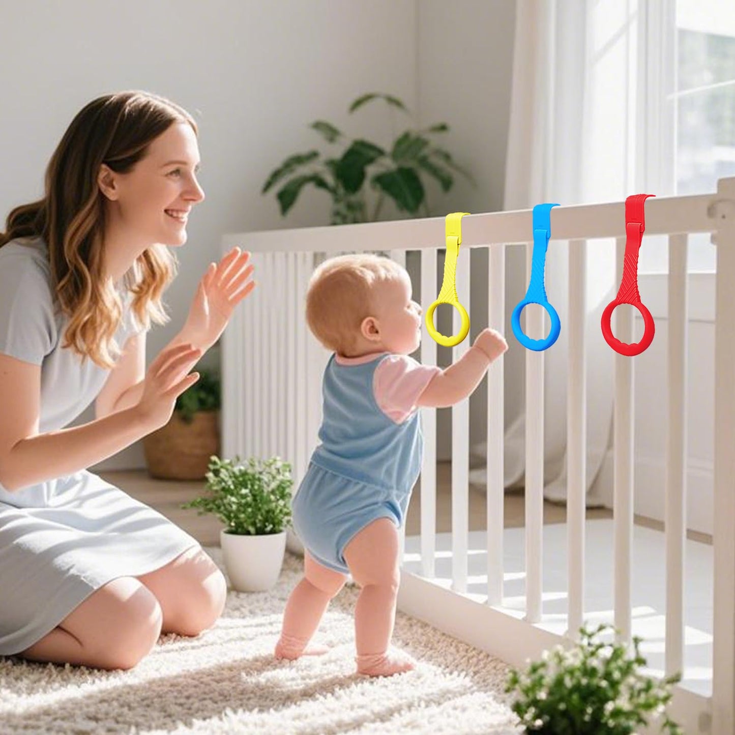 Ergonomic plastic pull up rings for infant walking exercise