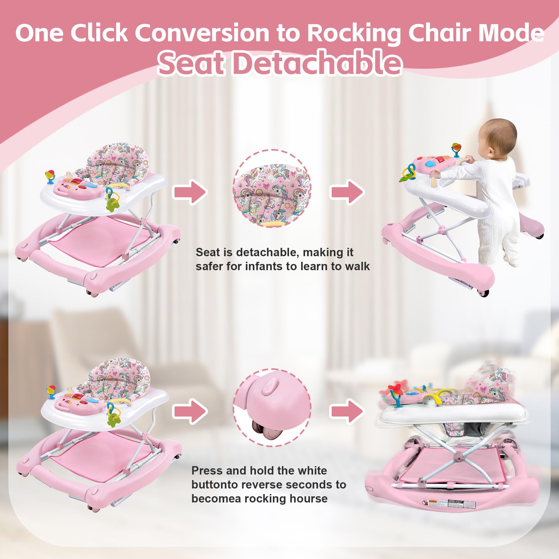 Close up of adjustable height settings on pink baby walker