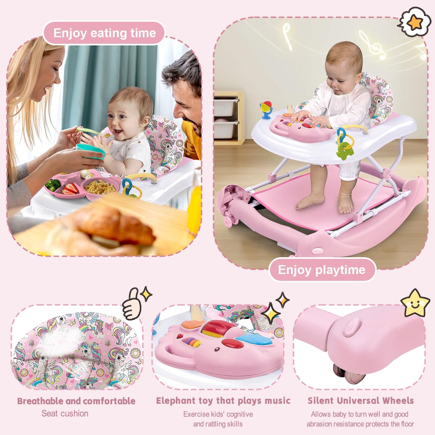 Pink foldable baby walker with detachable trampoline mat