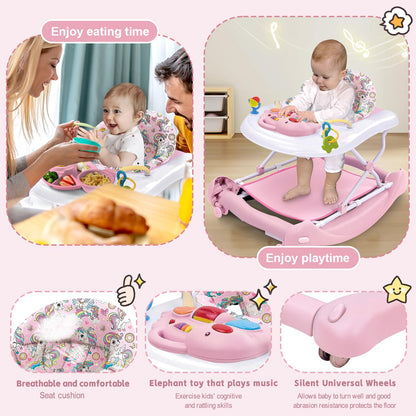 Pink foldable baby walker with detachable trampoline mat