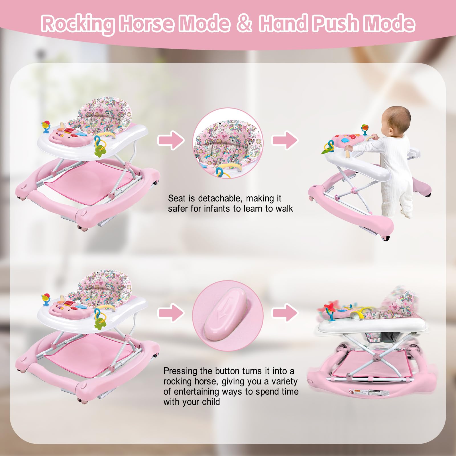 Howeemo baby walker in rocker mode with seat pad