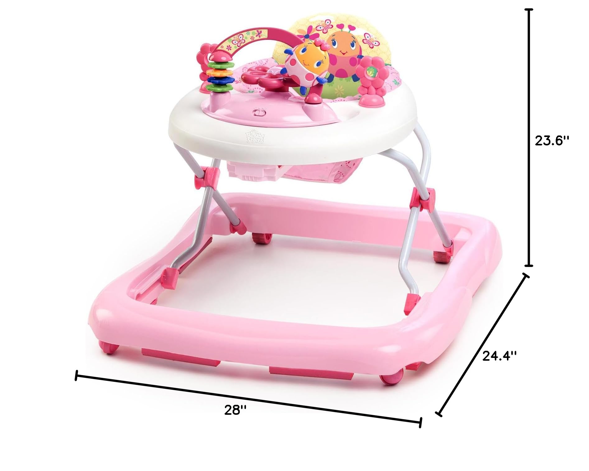 Full profile view of Bright Starts pink baby walker