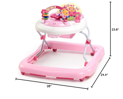 Full profile view of Bright Starts pink baby walker