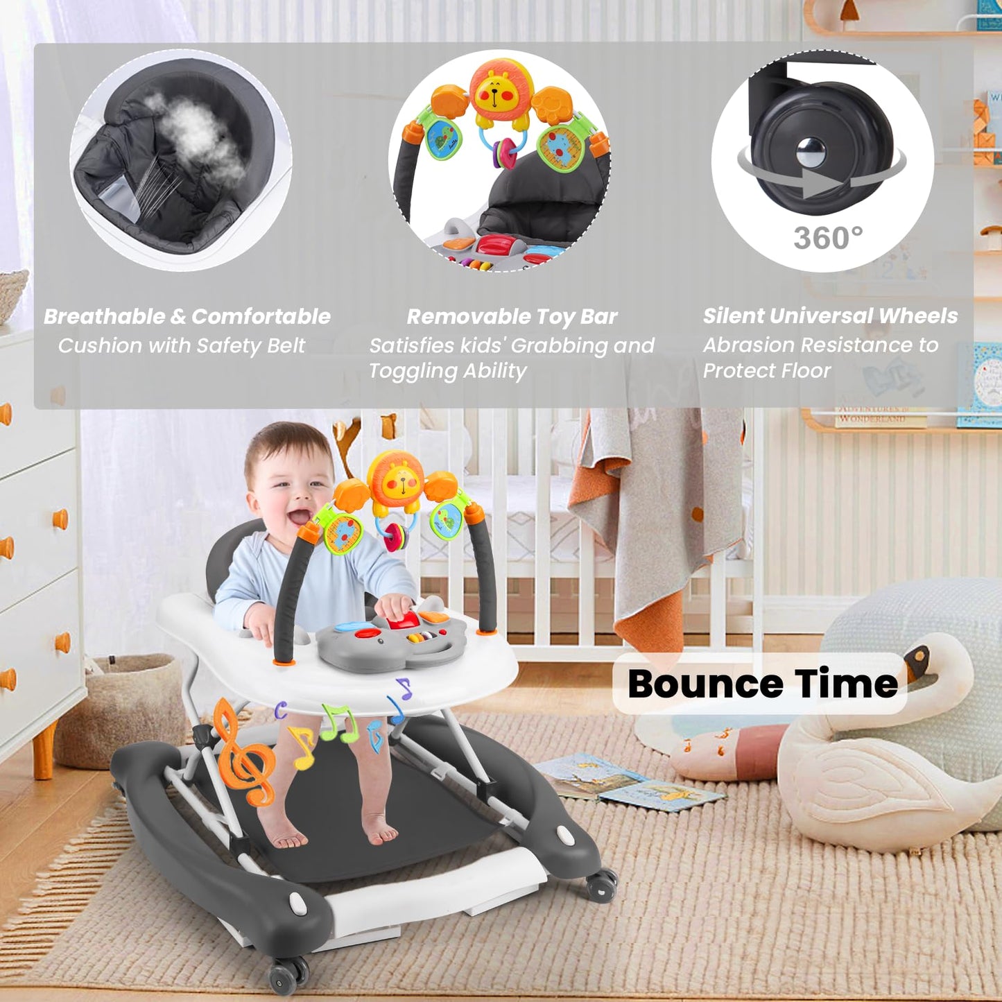 Detail view of musical toy tray on Boyro Baby walker