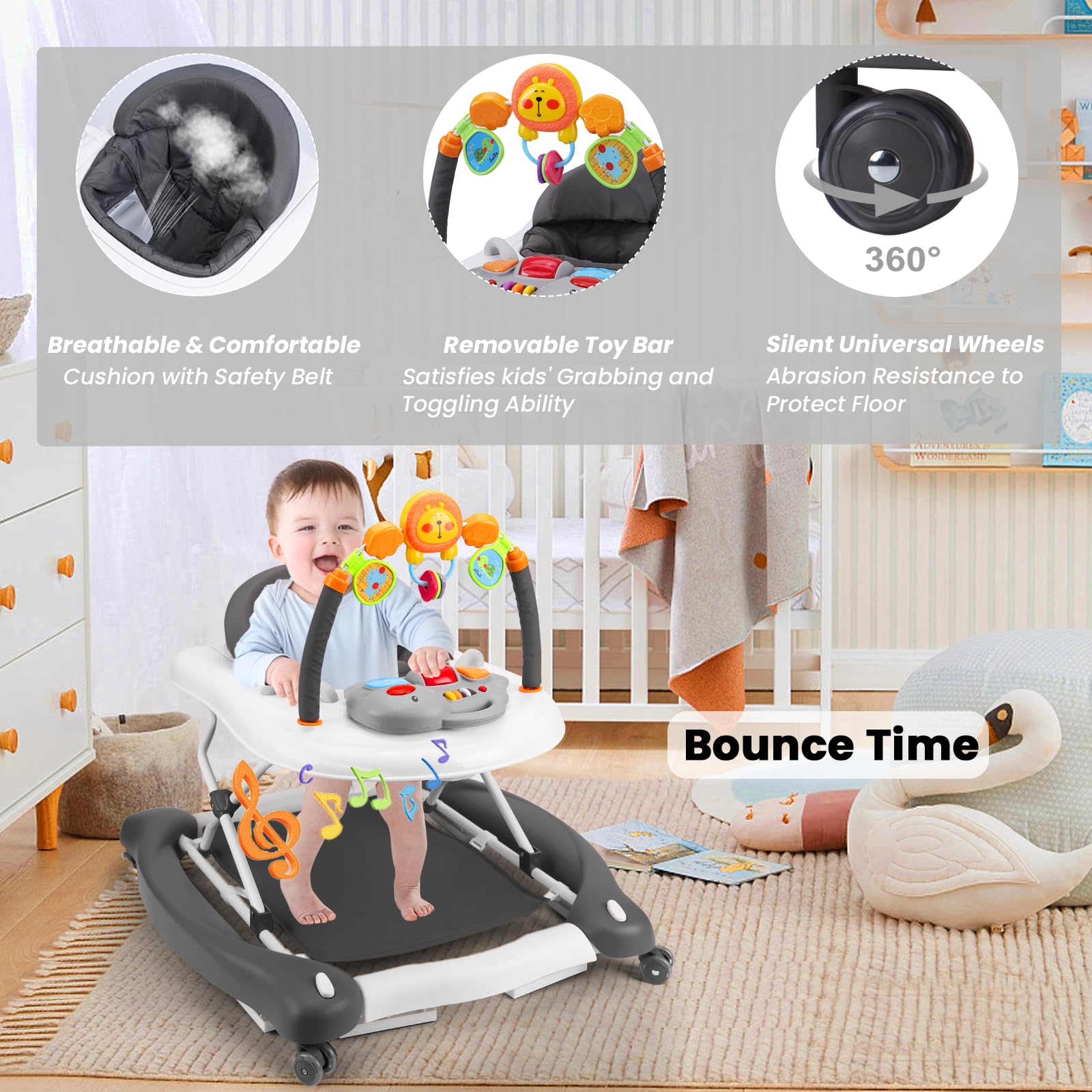 Detail view of musical toy tray on Boyro Baby walker