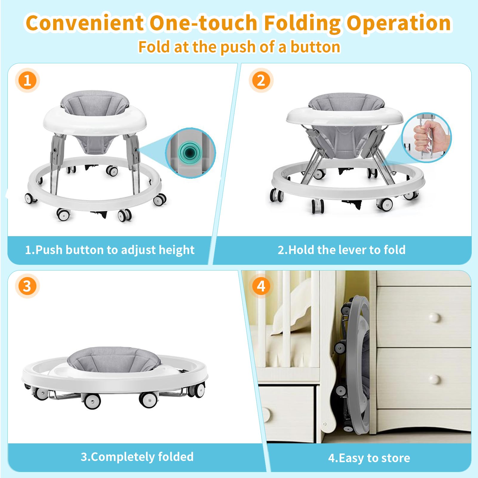 Baby walker with large dinner tray feature