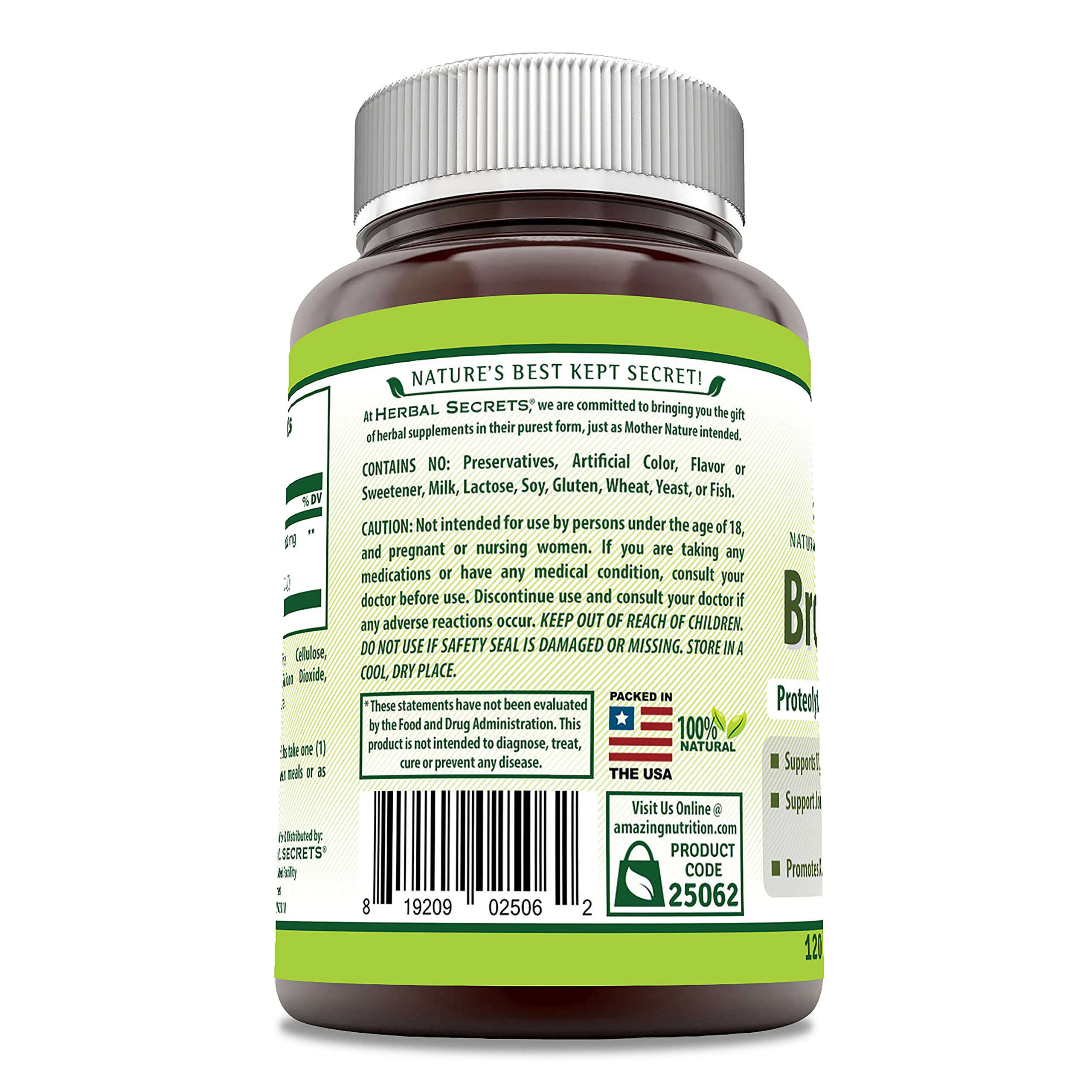 Herbal Secrets Bromelain 120 count tablets nutritional label