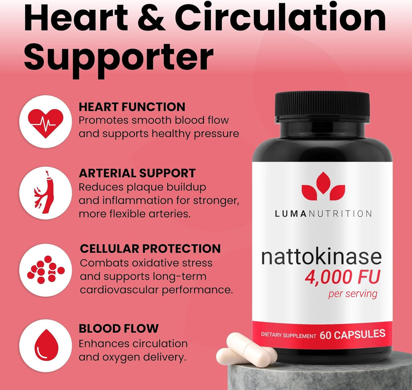 Luma Nutrition Nattokinase supplement bottle showing dosage and capsule count