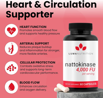 Luma Nutrition Nattokinase supplement bottle showing dosage and capsule count