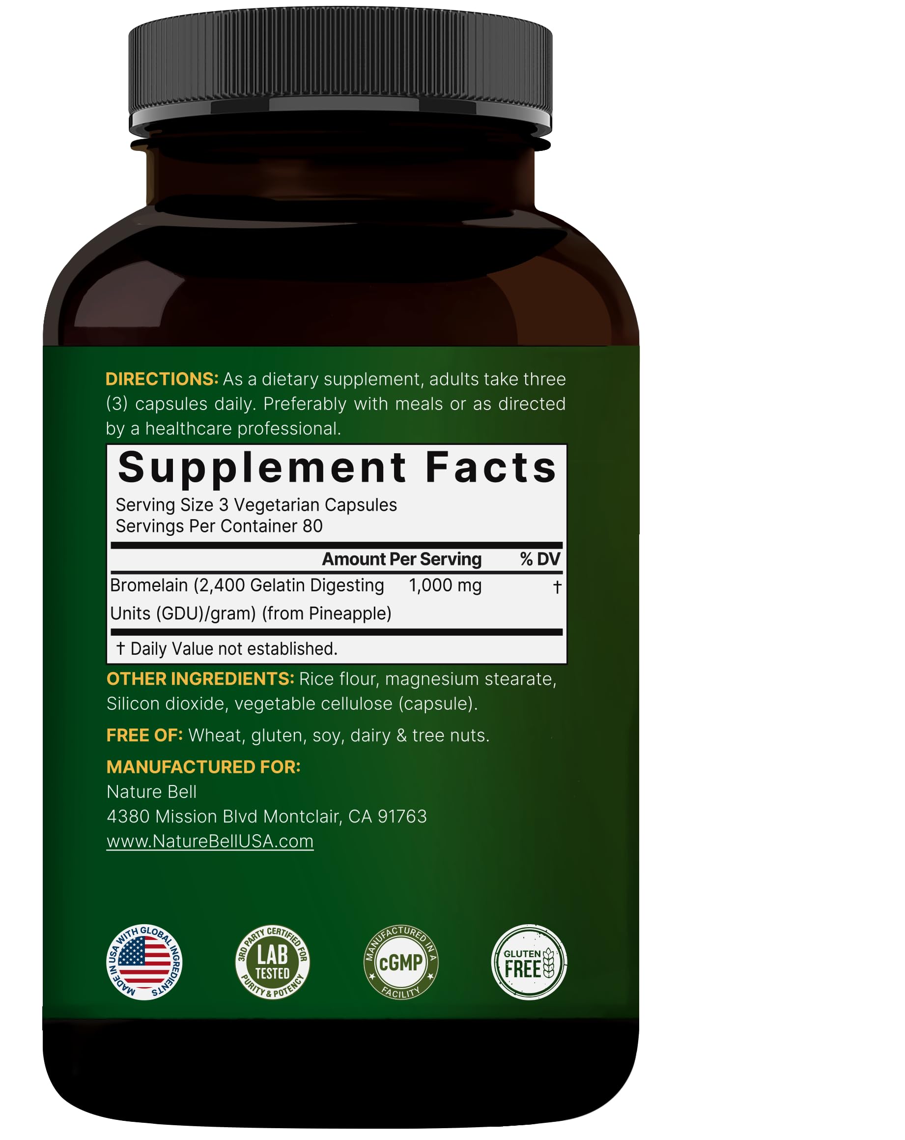 NatureBell Bromelain dietary supplement back label ingredients