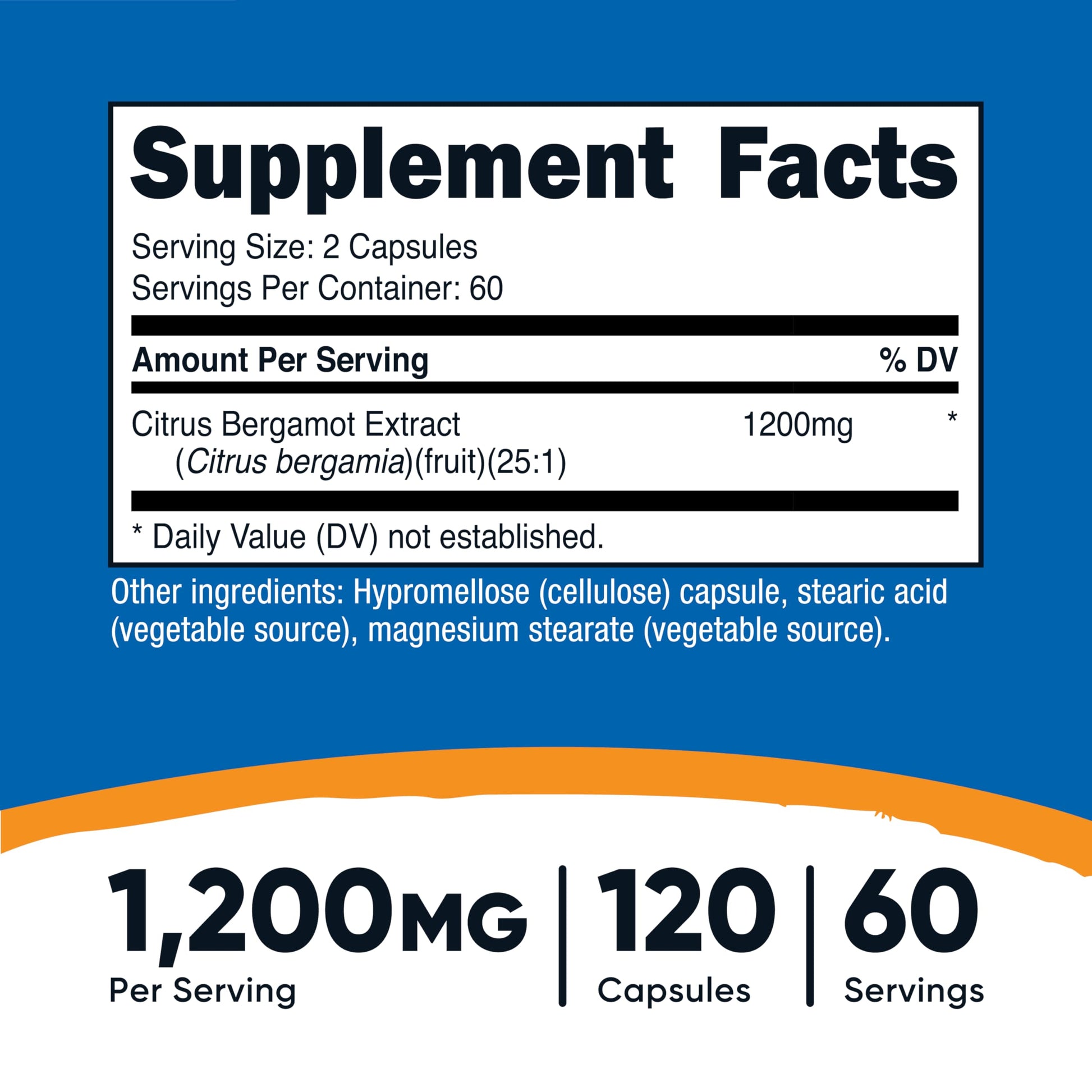 Nutricost Citrus Bergamot 25:1 concentrated extract nutritional facts panel showing clean ingredients