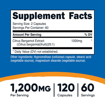 Nutricost Citrus Bergamot 25:1 concentrated extract nutritional facts panel showing clean ingredients