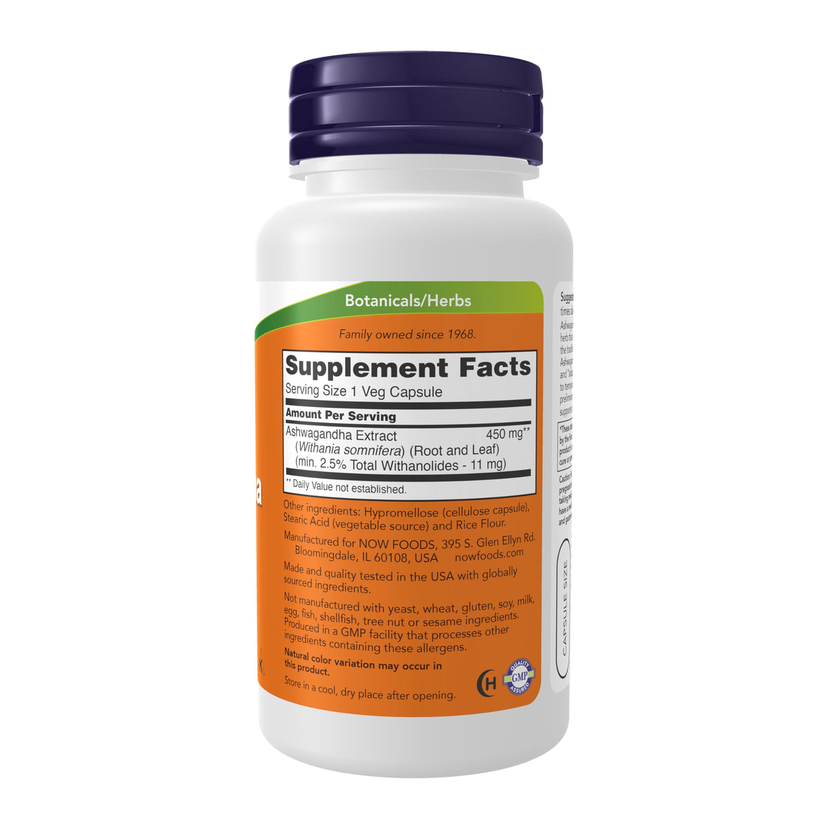 NOW Foods Ashwagandha supplement bottle back label with ingredients