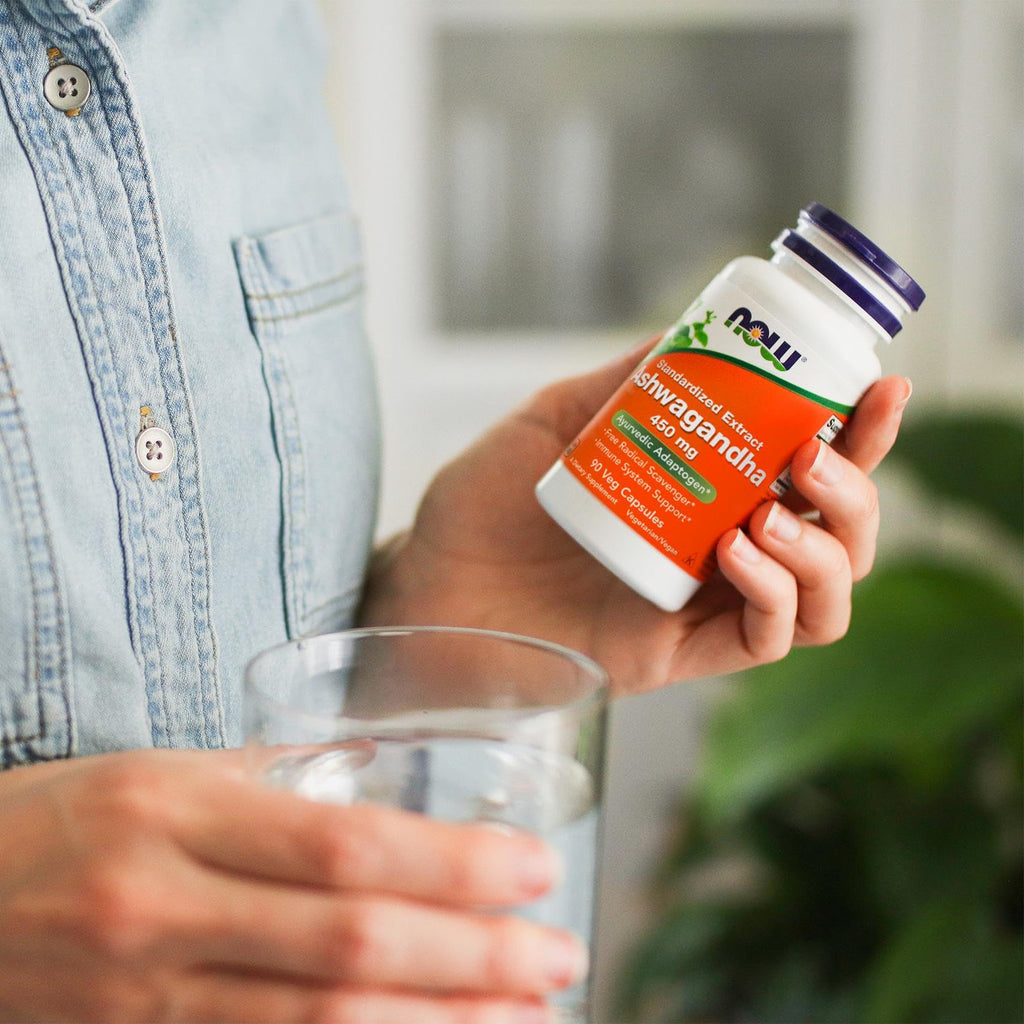 NOW Foods Ashwagandha herbal supplement capsules poured out