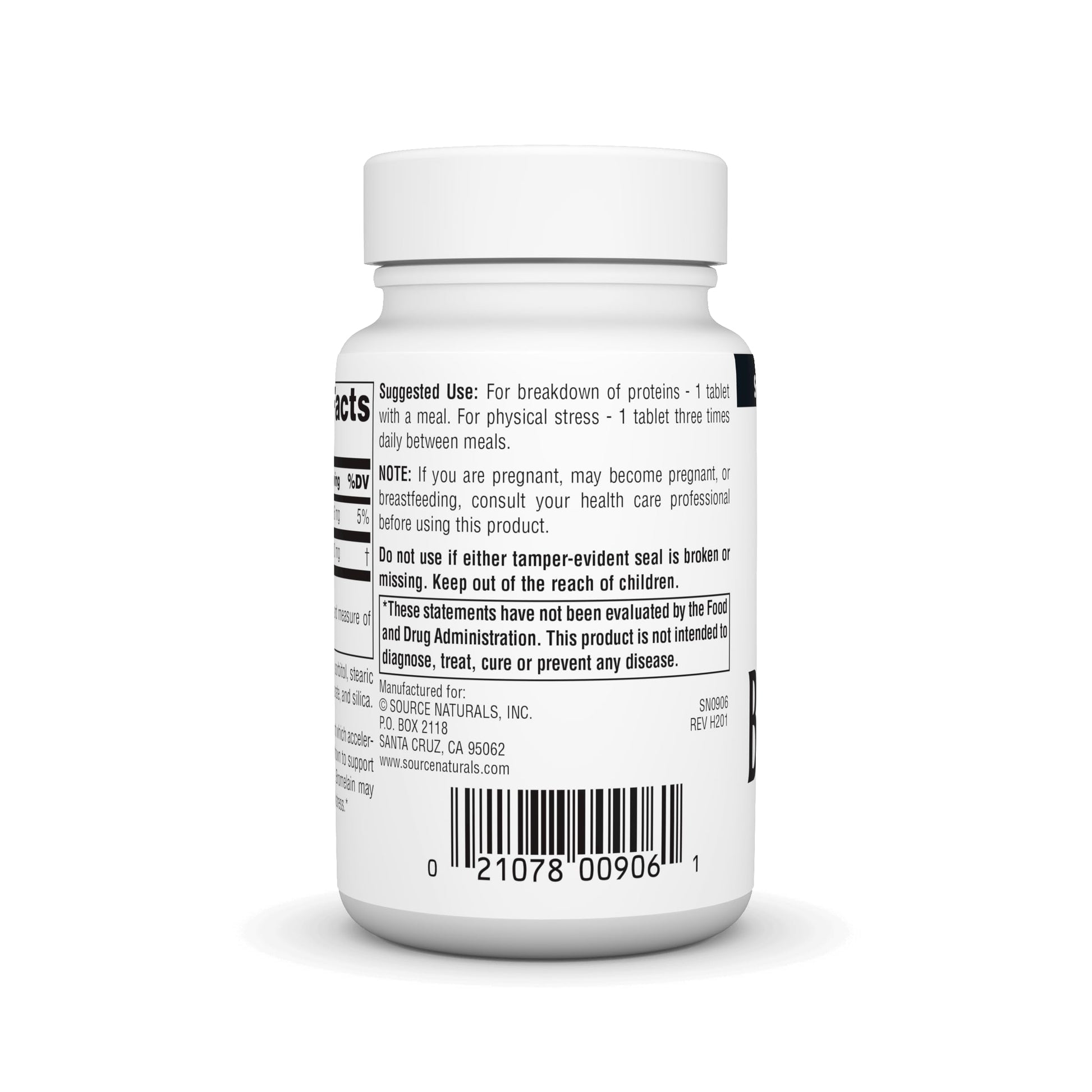 Side view of Source Naturals Bromelain bottle showing dosage information