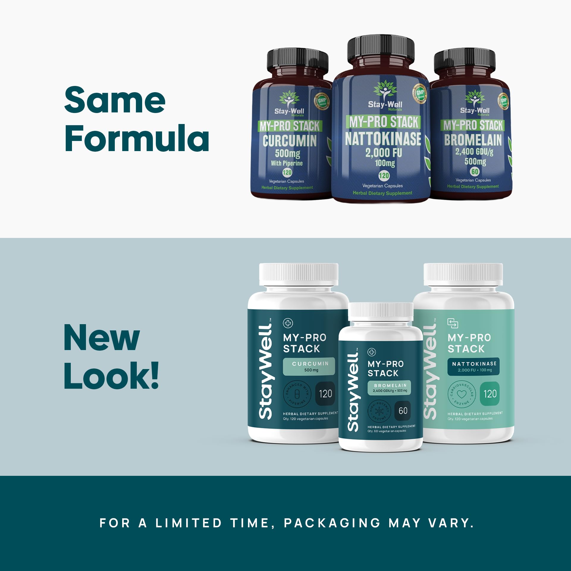 Three bottles of Nattokinase Curcumin and Bromelain supplement set