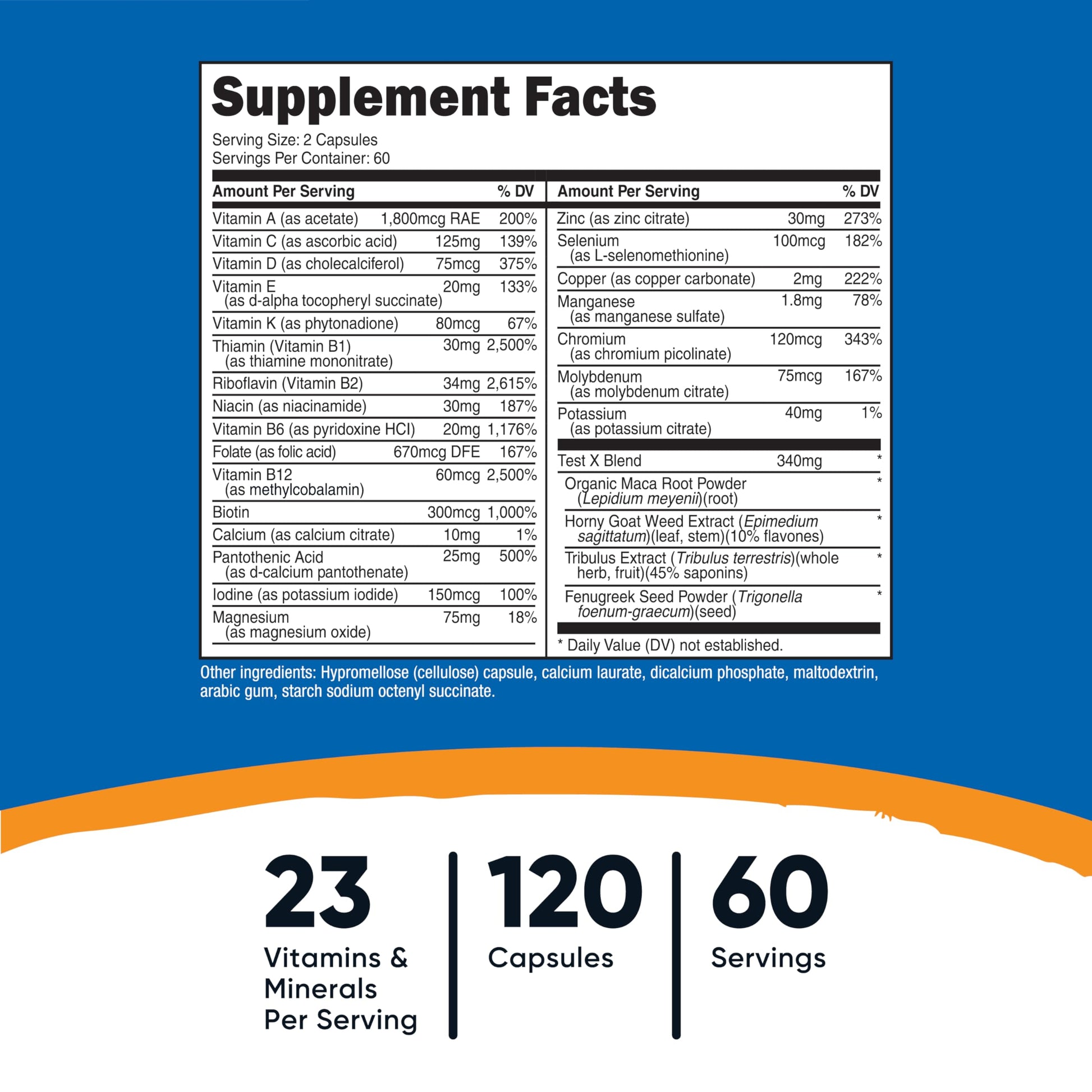 Side angle of Nutricost men's daily multi vitamin bottle highlighting the 60 servings per container indicator.