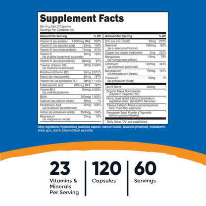 Side angle of Nutricost men's daily multi vitamin bottle highlighting the 60 servings per container indicator.