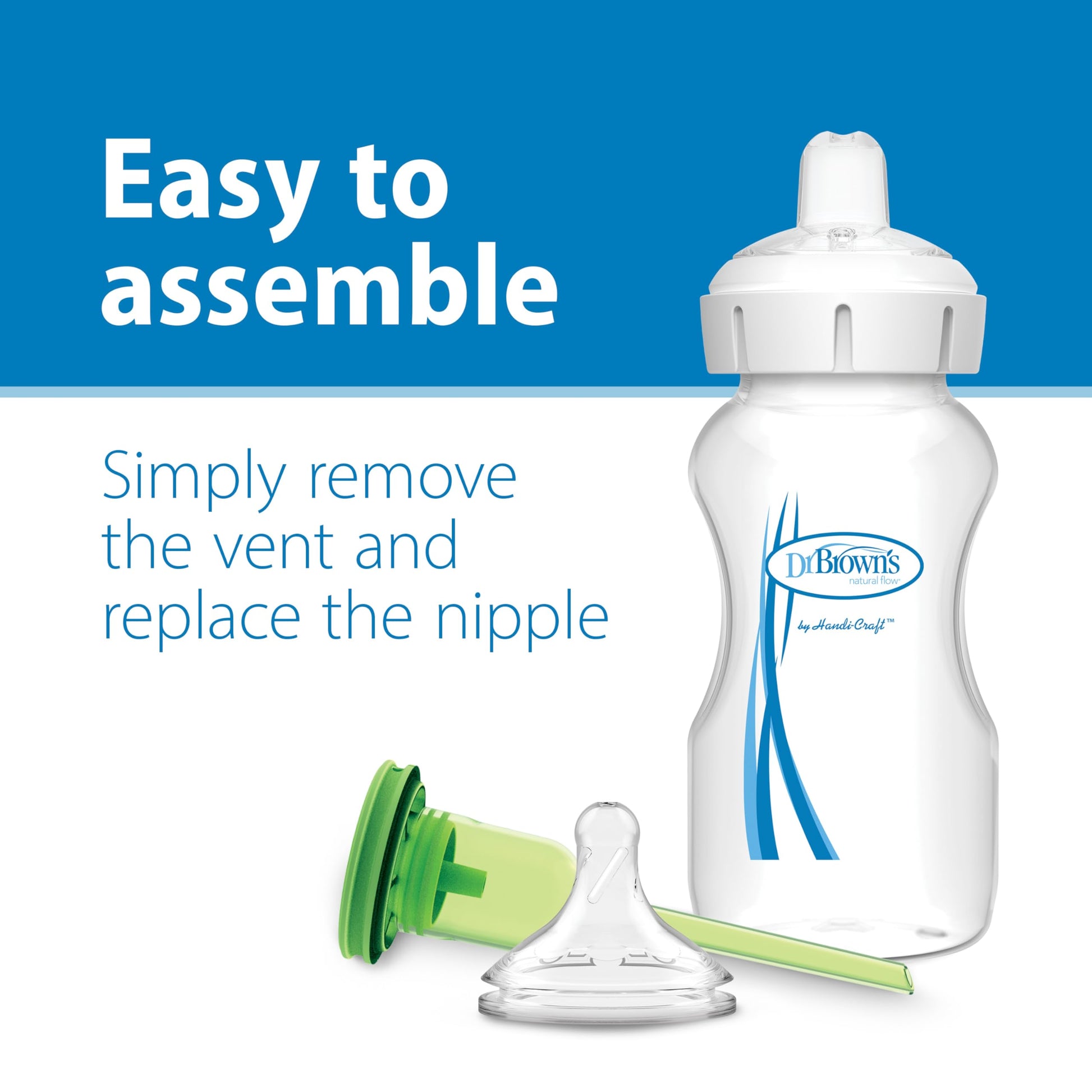 Diagram showing how to assemble the sippy spout on a baby bottle