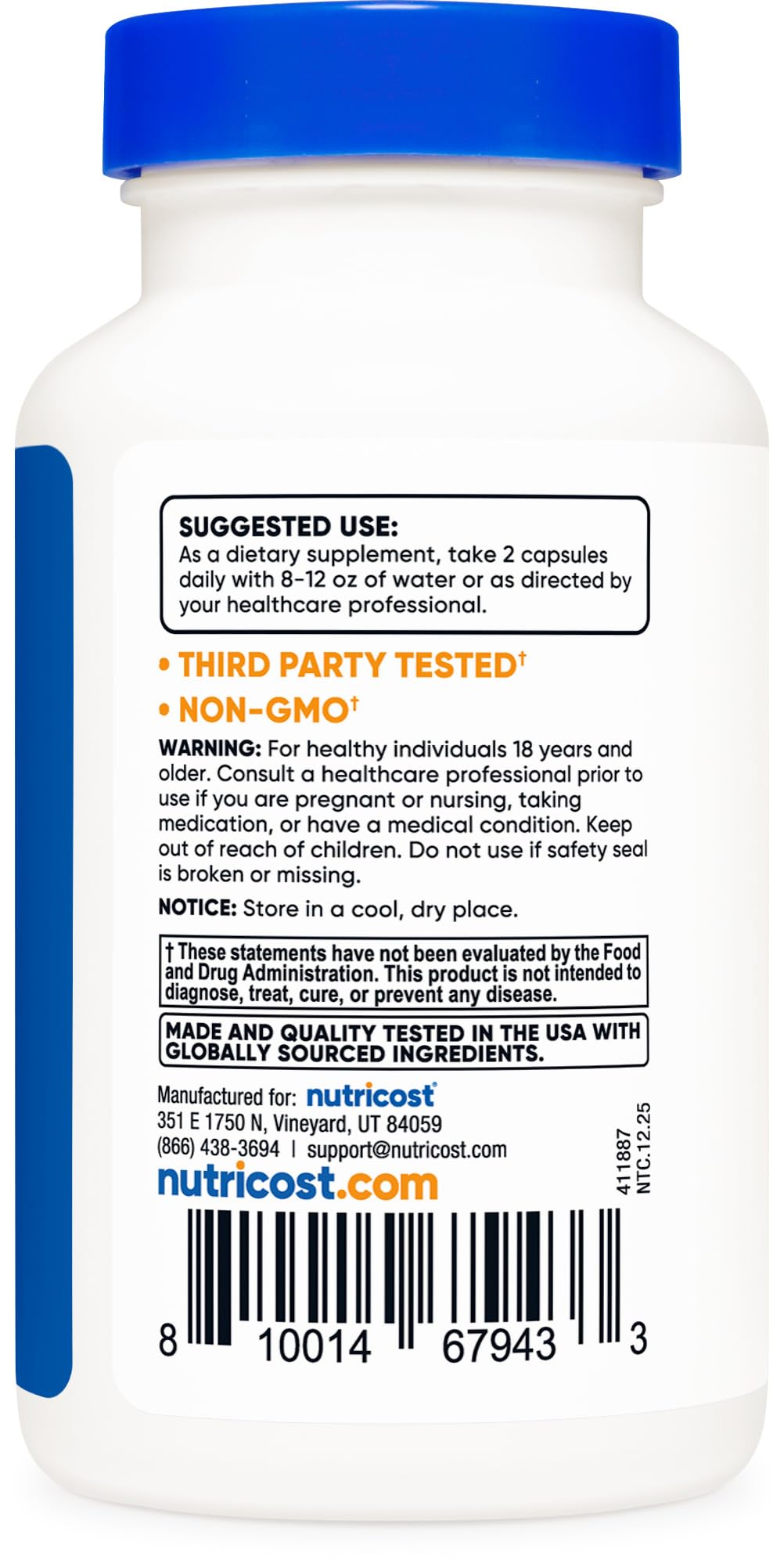 Close up view of the 23 essential vitamins and minerals ingredient list on the back of the Nutricost bottle.