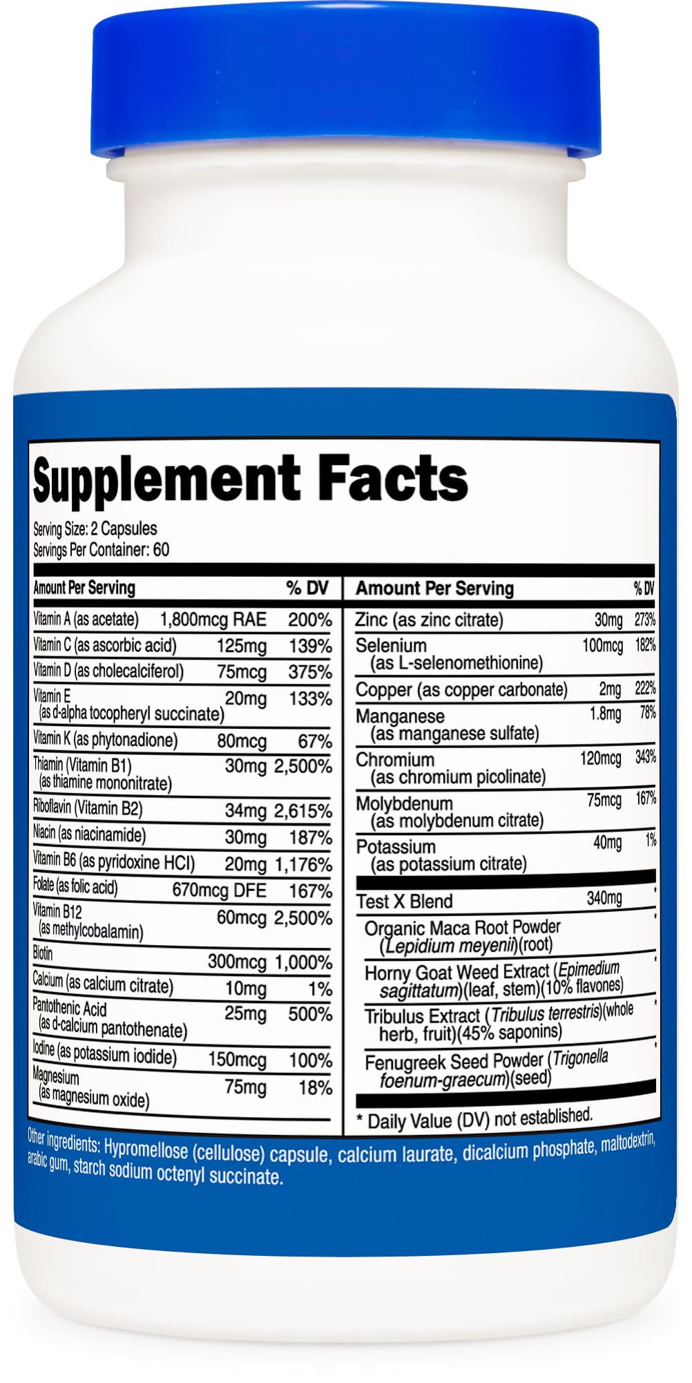 Nutricost male multivitamin packaging showcasing the Test X herbal performance blend components.