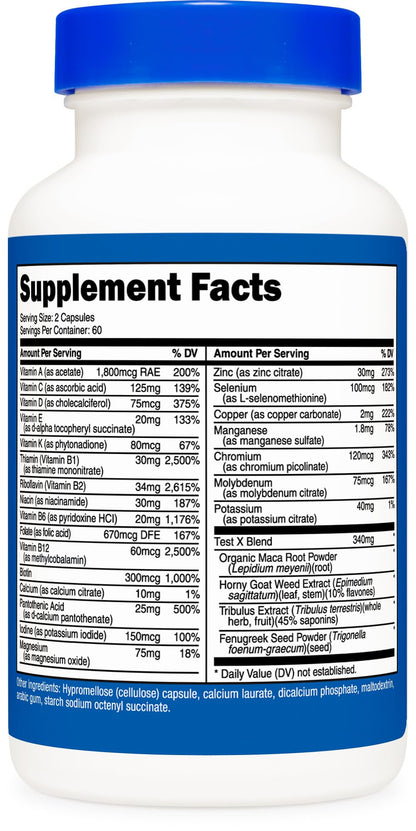 Nutricost male multivitamin packaging showcasing the Test X herbal performance blend components.