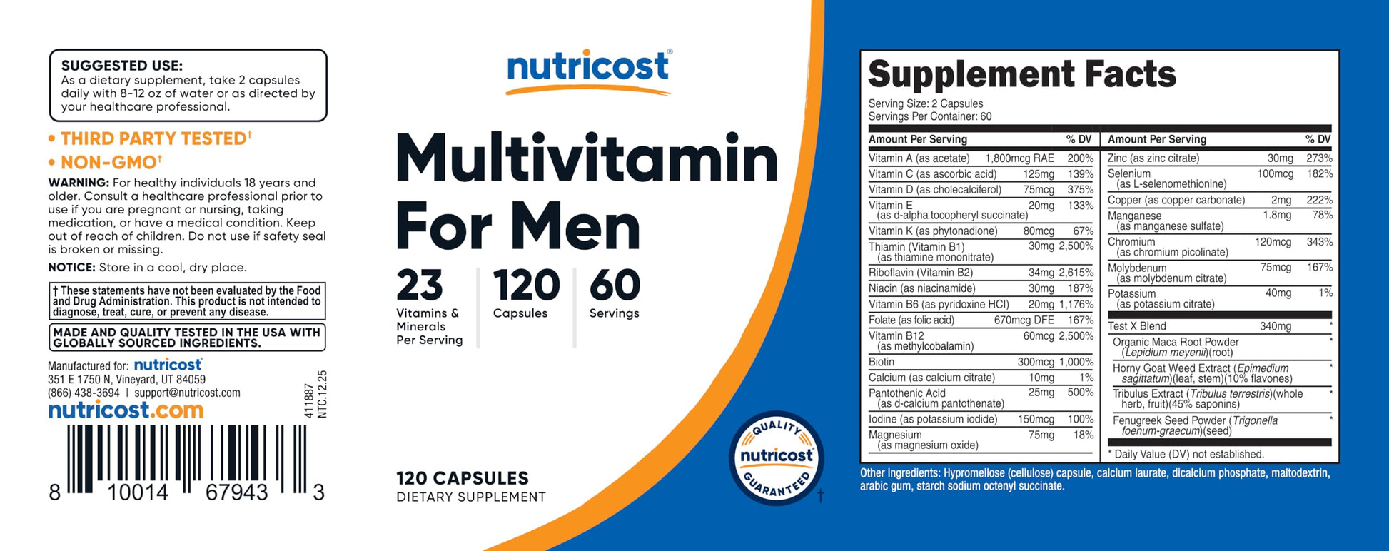 Two capsules of Nutricost vitamins placed next to the container demonstrating easy to swallow dietary supplement sizing.