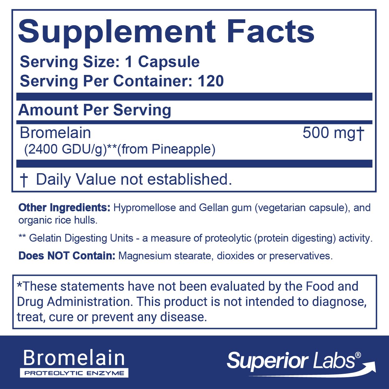 Superior Labs Bromelain 120 vegetable capsules bottle side profile