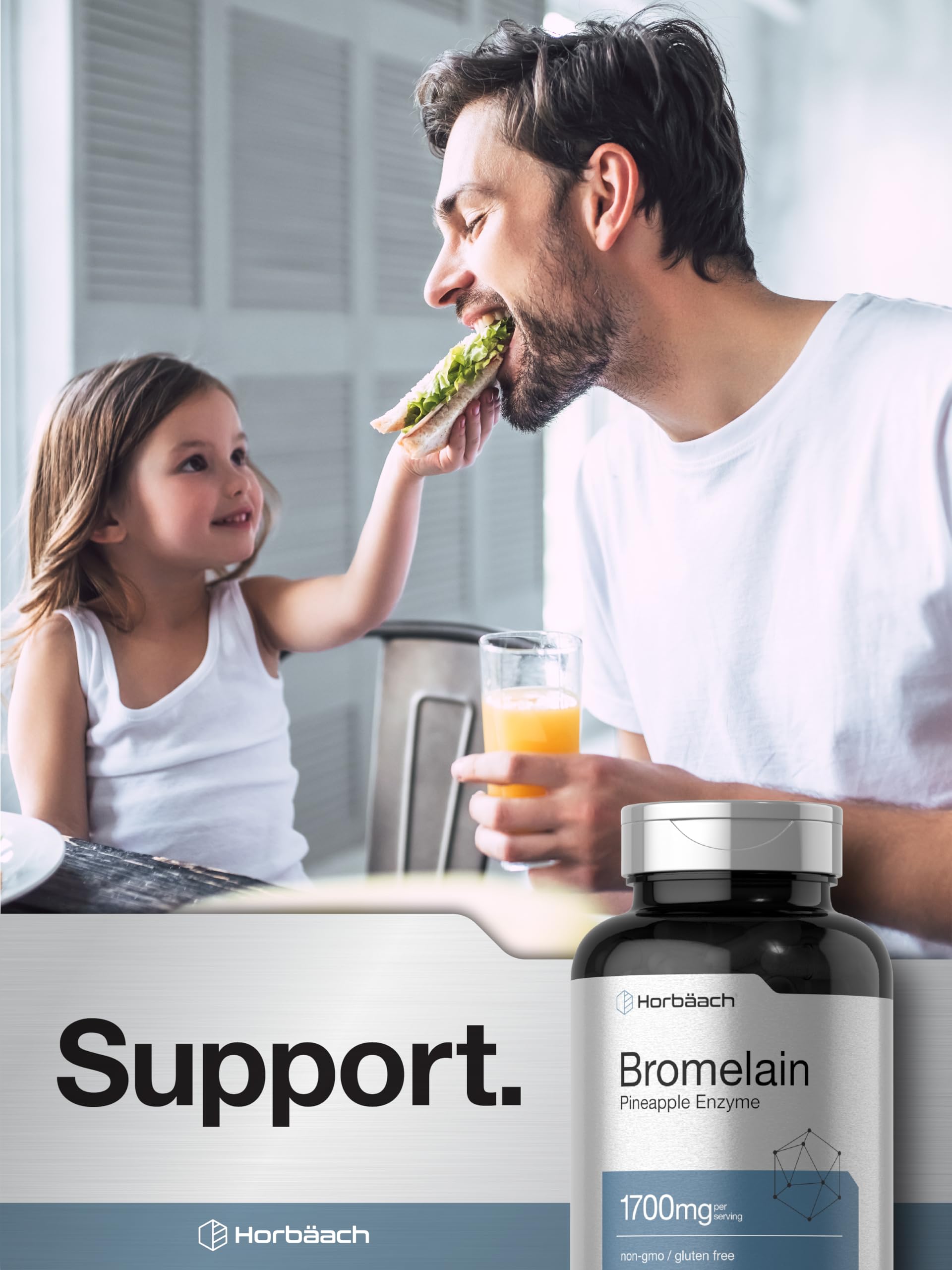 Horbäach Bromelain 1700 mg bottle with pineapple graphic