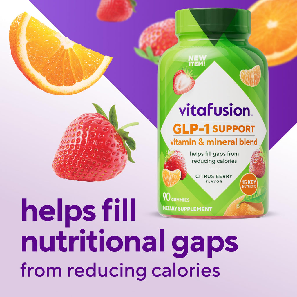 Vitafusion GLP-1 Support supplement bottle showing nutritional benefits and count.