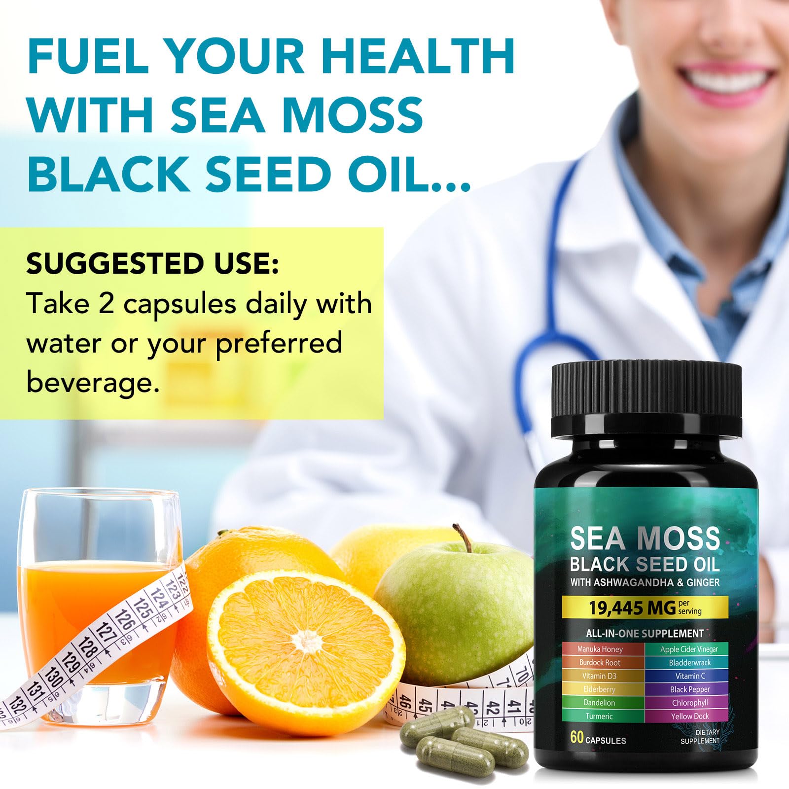 Back label of Huyehf sea moss ashwagandha ginger capsule supplement