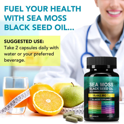 Back label of Huyehf sea moss ashwagandha ginger capsule supplement