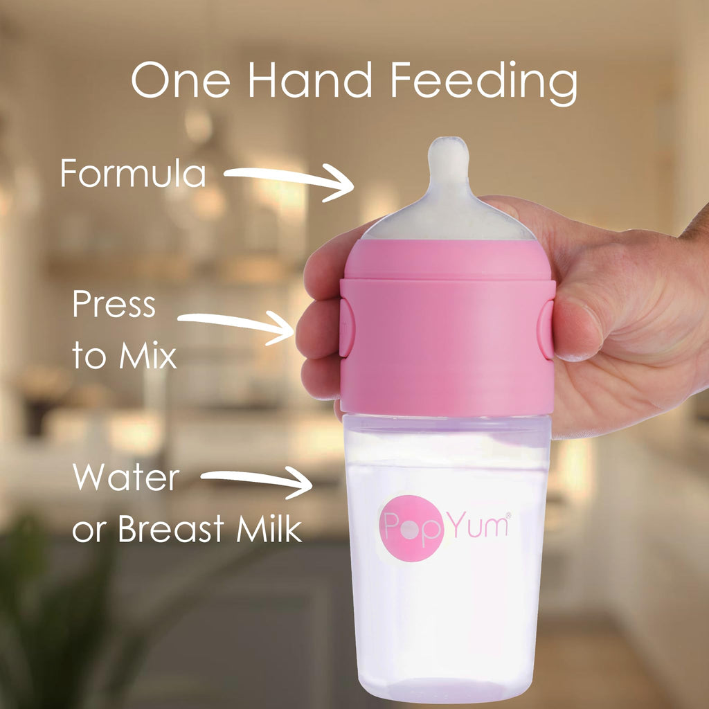 Three-pack of PopYum baby bottles showing formula compartment system