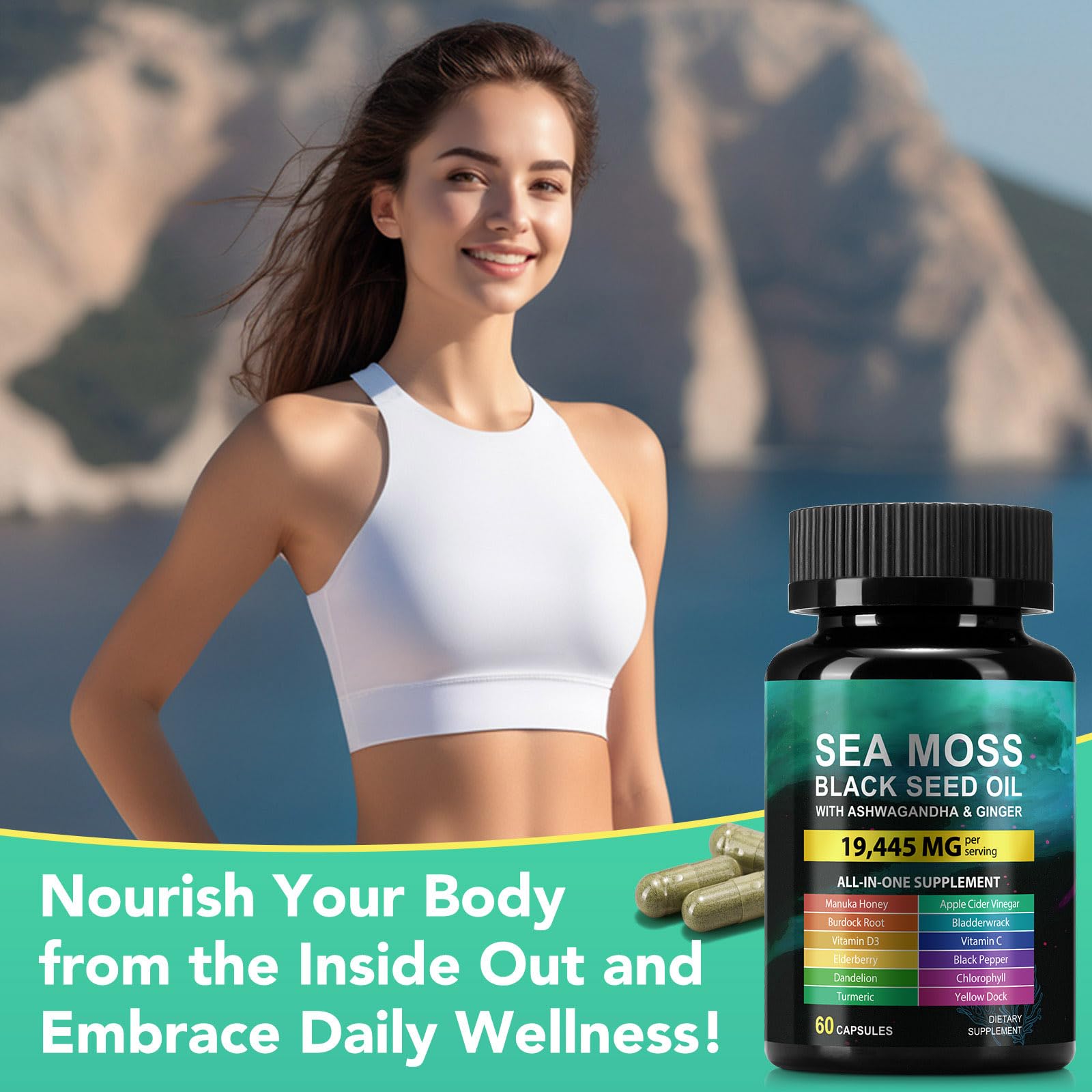 Grouped health supplements featuring Huyehf sea moss capsules