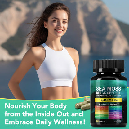 Grouped health supplements featuring Huyehf sea moss capsules