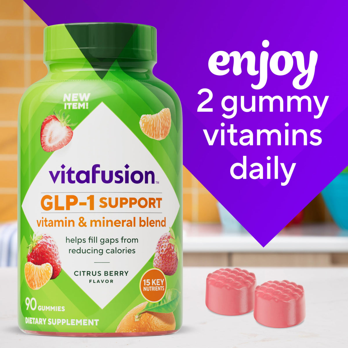 Vitafusion GLP-1 Support multivitamin 90 count bottle ready for daily wellness use.