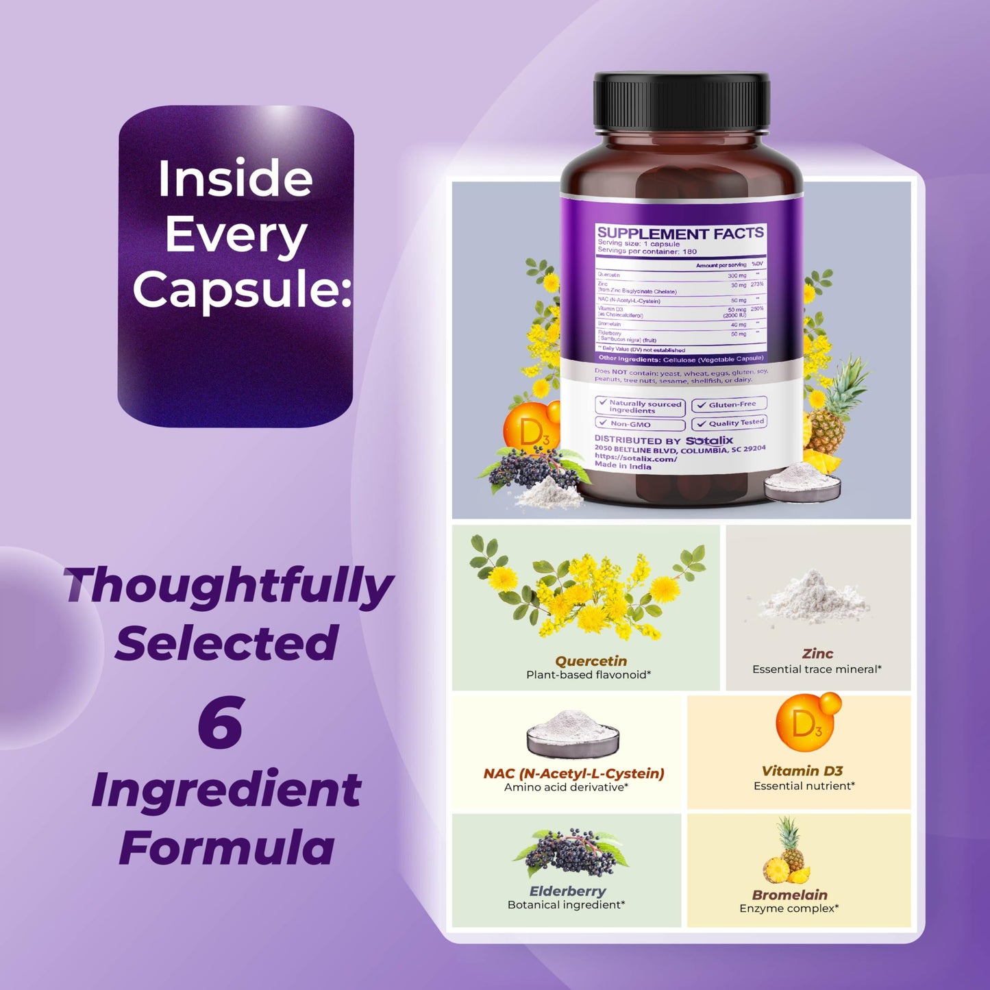 High purity Quercetin 98 percent with Bromelain and Vitamin D3 branding