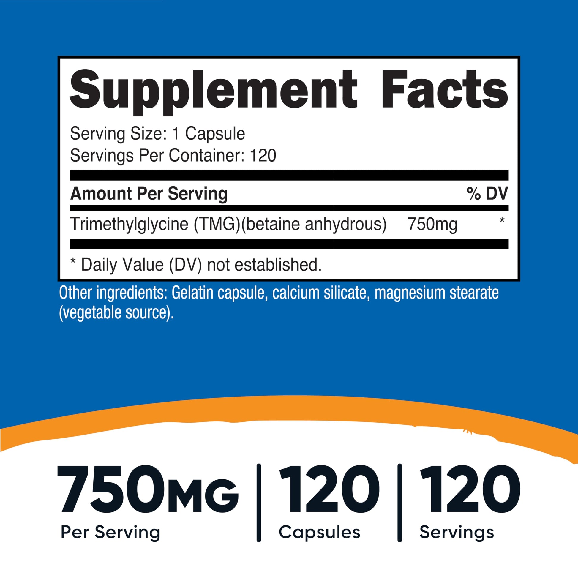 Nutricost Trimethylglycine 750mg dietary supplement side label illustrating the clear nutritional facts and ingredient details.