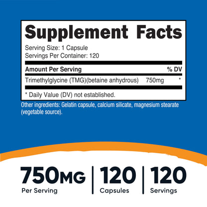 Nutricost Trimethylglycine 750mg dietary supplement side label illustrating the clear nutritional facts and ingredient details.