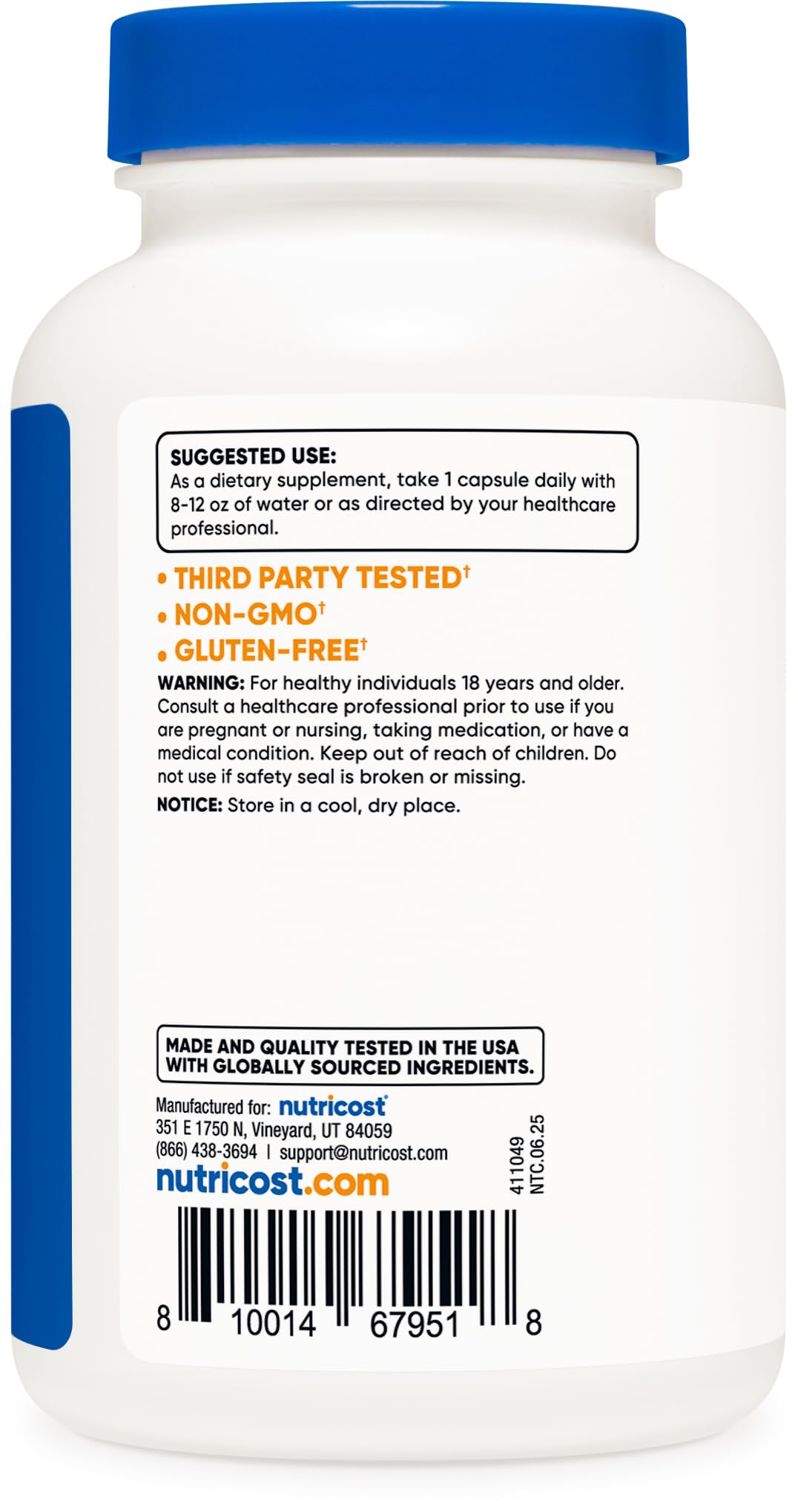 USA imported Nutricost TMG 750mg bottle showcasing third party tested and GMP compliant manufacturing certifications.