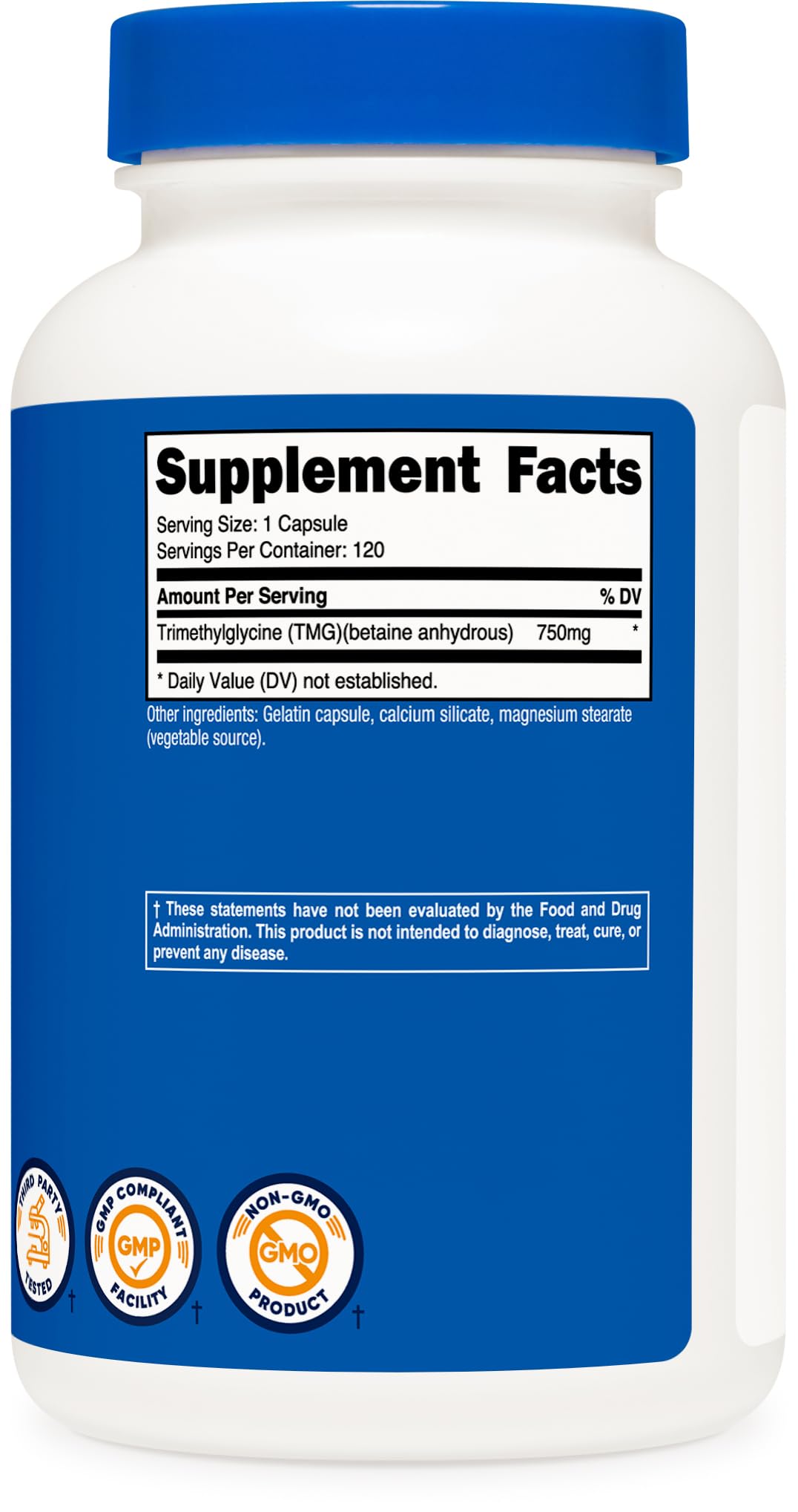 Close up view of the Nutricost Trimethylglycine supplement packaging focusing on the dosage instructions and brand logo.