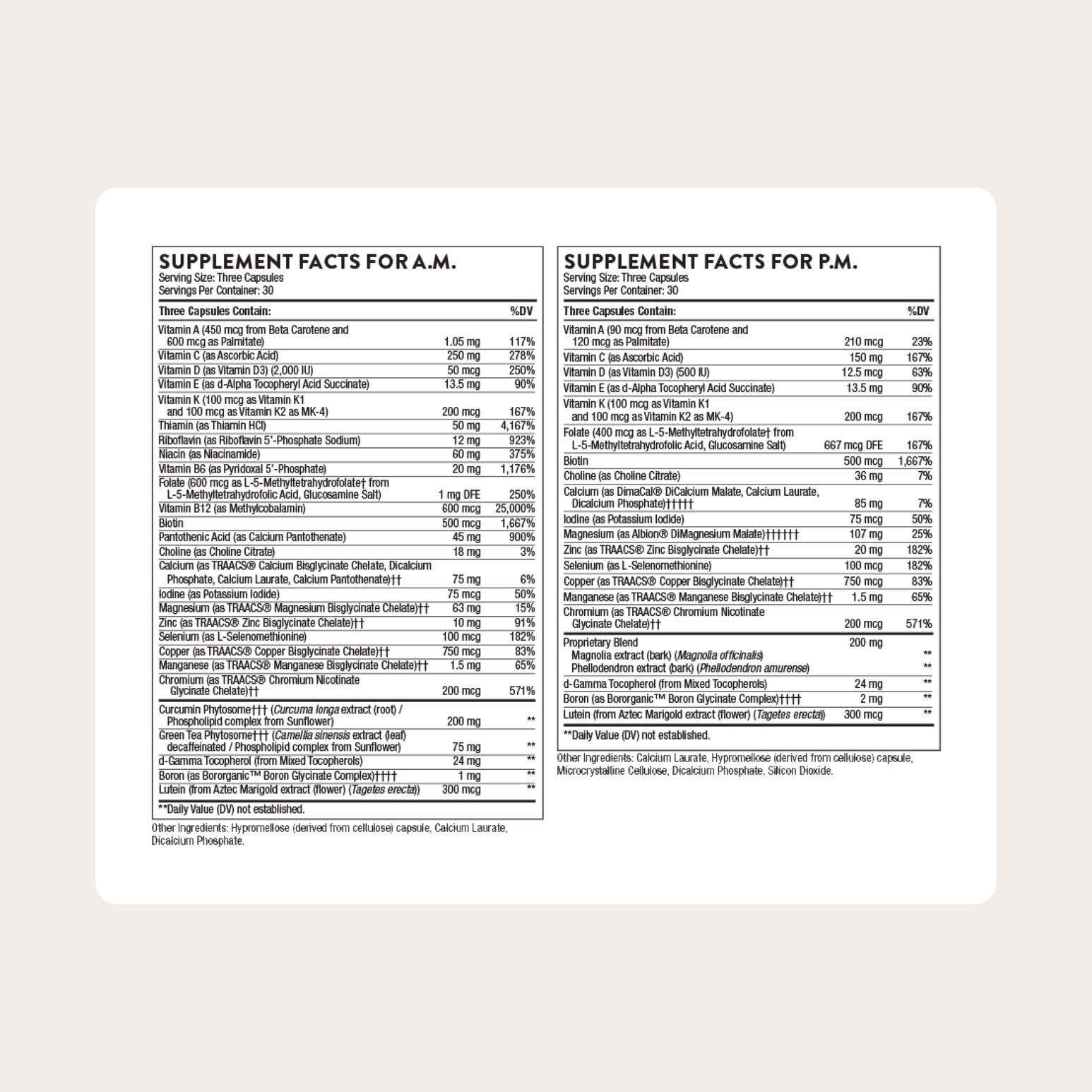 Thorne high performance daily multivitamin dual bottle system for day and night nutritional support