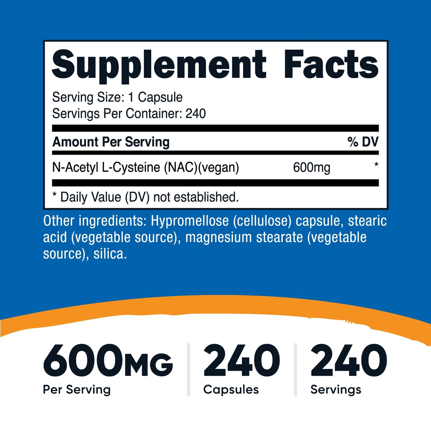 Nutricost N-Acetyl L-Cysteine dietary supplement side label showing clean ingredients list