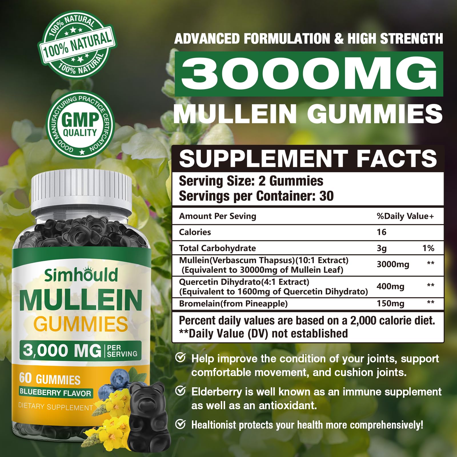 Simhould Mullein Gummies 3000mg supplement bottle label details
