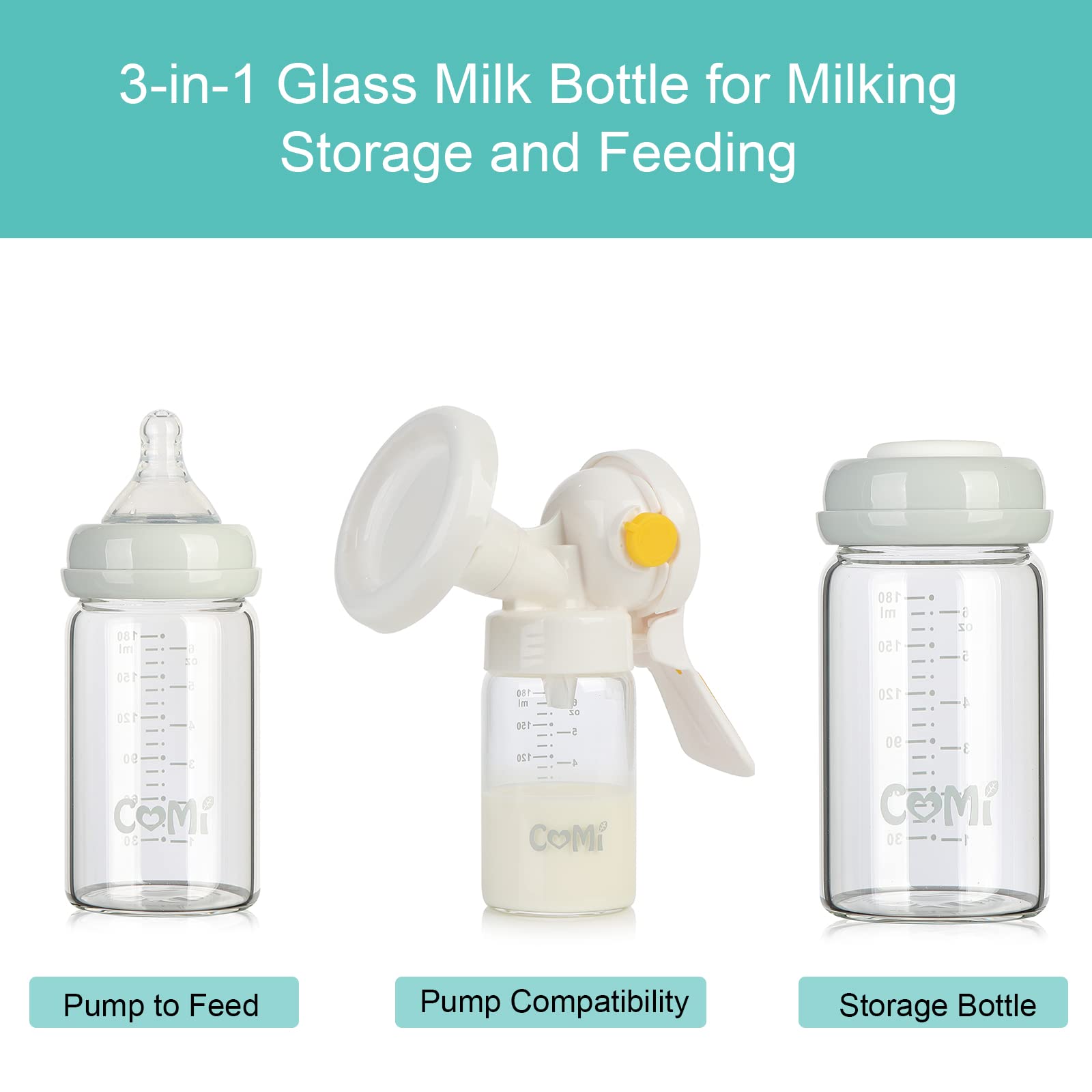 Four pack of Comi glass milk storage bottles with gray lids