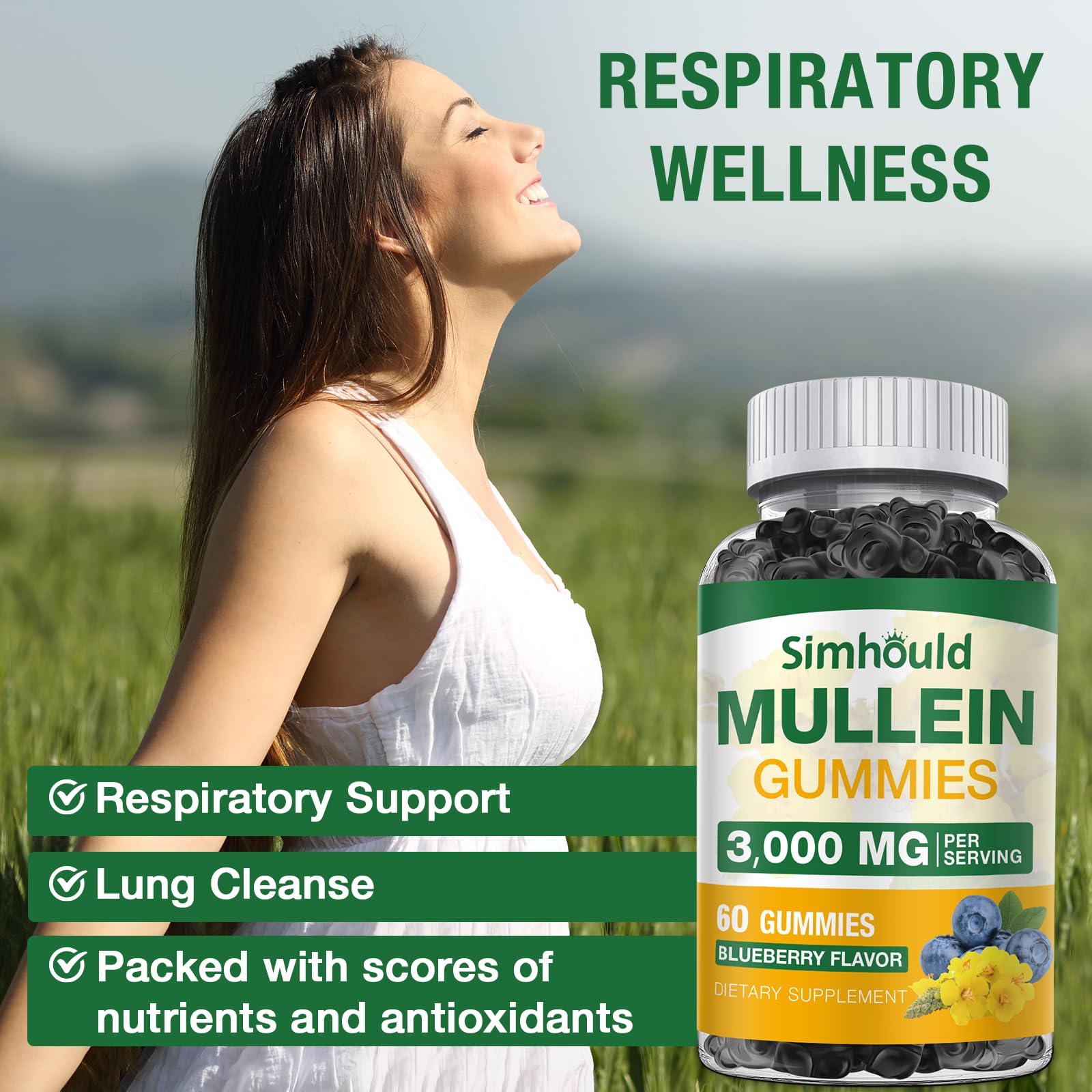 Simhould Mullein Gummies highlighting Quercetin and Bromelain ingredients
